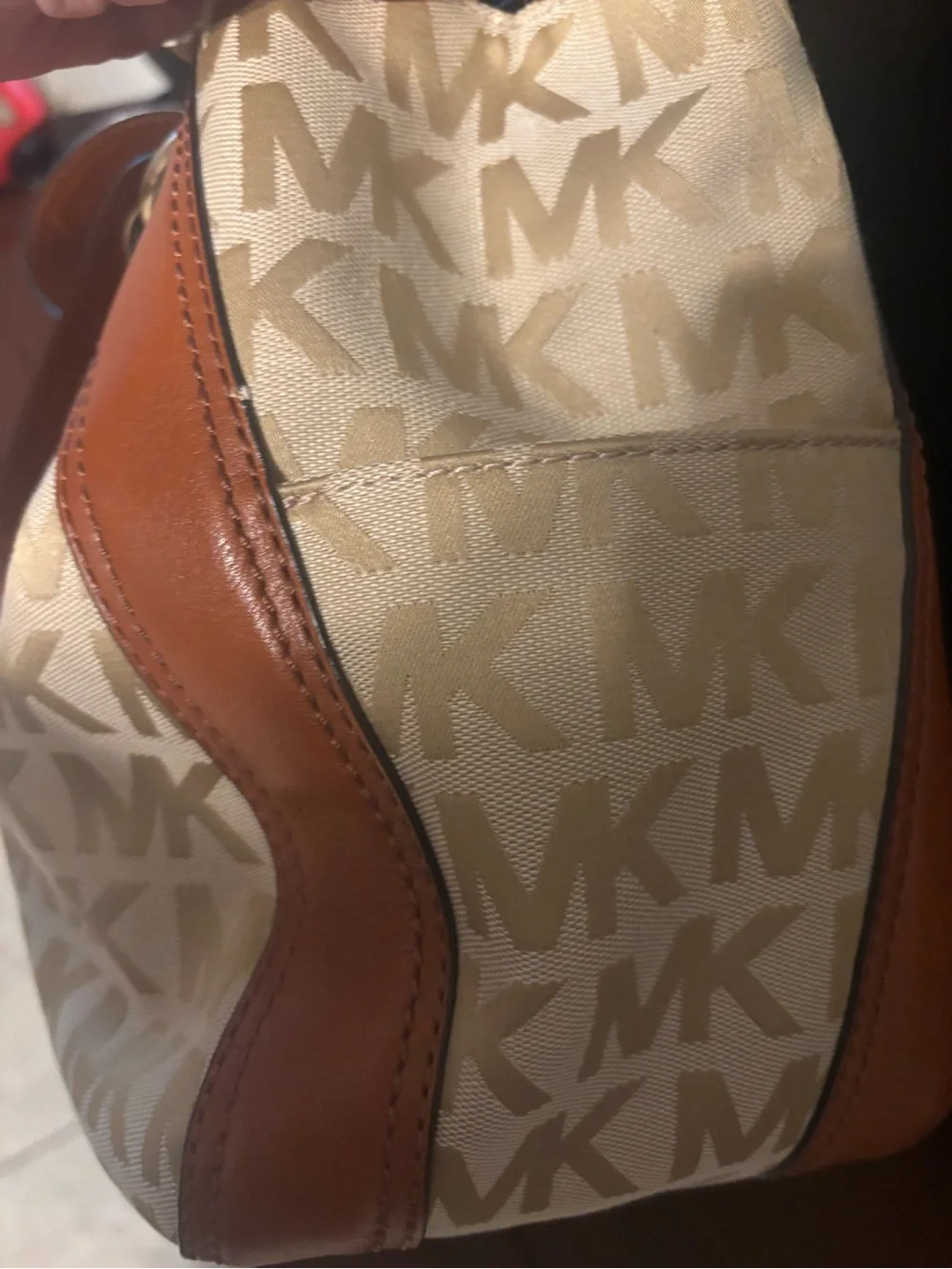 Michael Kors Cream & Tan MK Signature Drawstring Tote with Matching Wallet